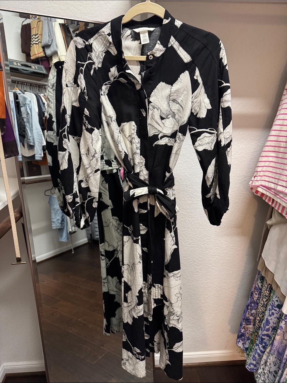 H&M Black Midi Dress with White Floral Print